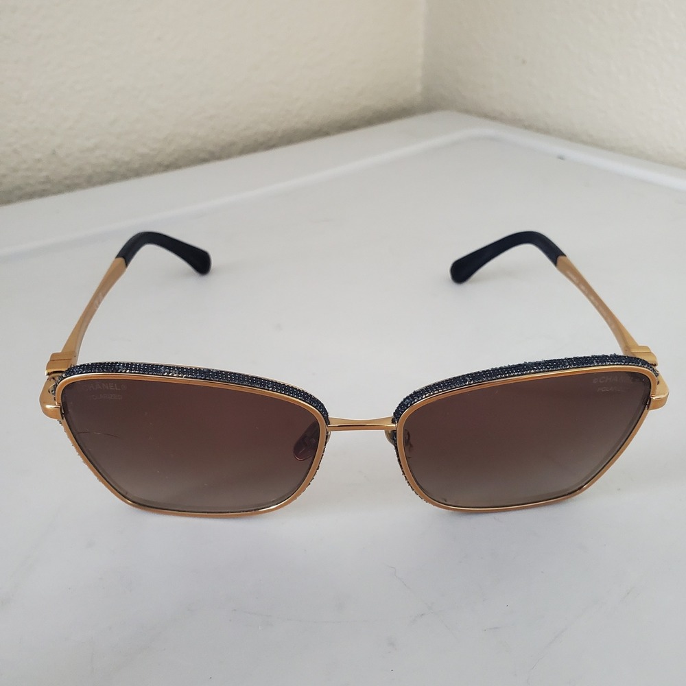 Chanel 4222 Gold Navy Denim Polarized Square Sunglasses Women CC Logo Italy